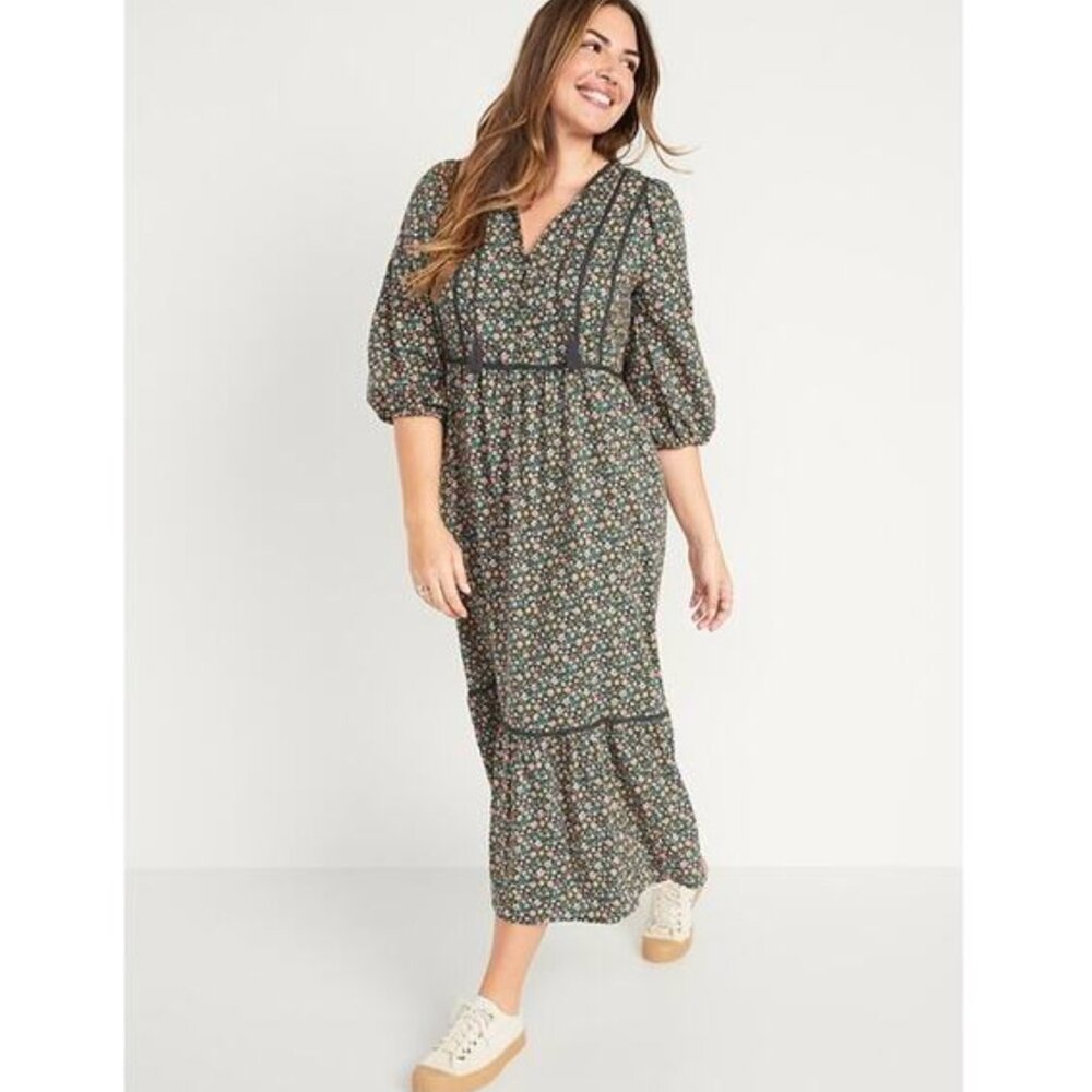Old Navy Tie-Neck 3/4-Sleeve Floral Cotton All Day Maxi Swing Dress women 3X